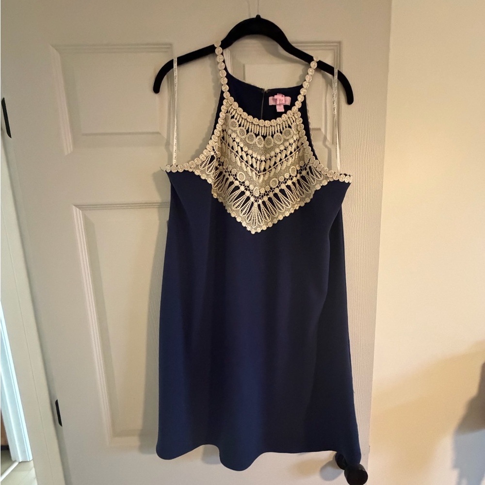 Navy Halter Dress with Gold Crochet Yoke